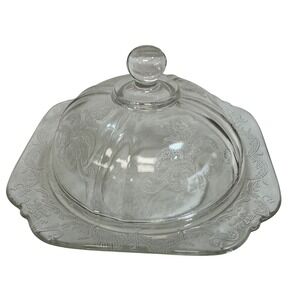 Vintage Clear Glass Covered Butter Dish Embossed Dragon Pattern